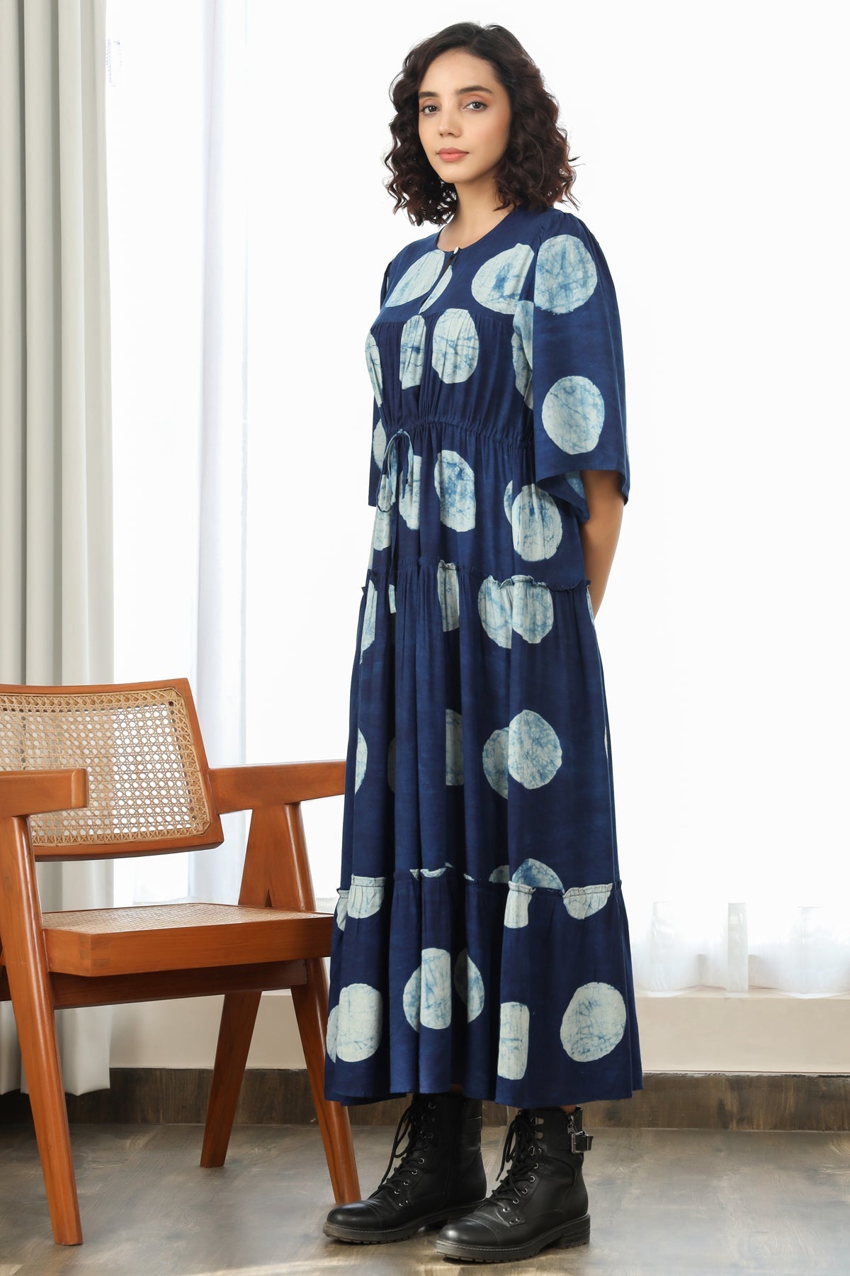 Tiered Long Dress- Indigo Polka