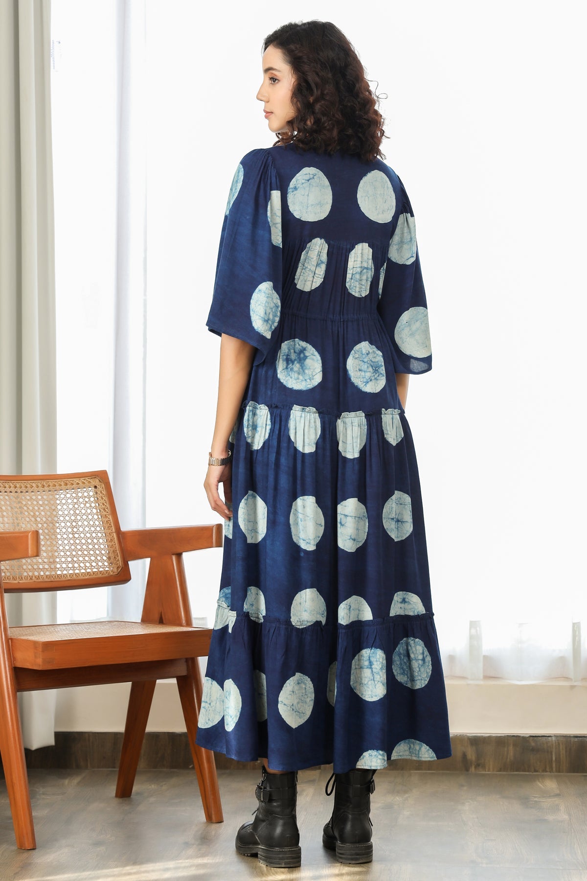 Tiered Long Dress- Indigo Polka