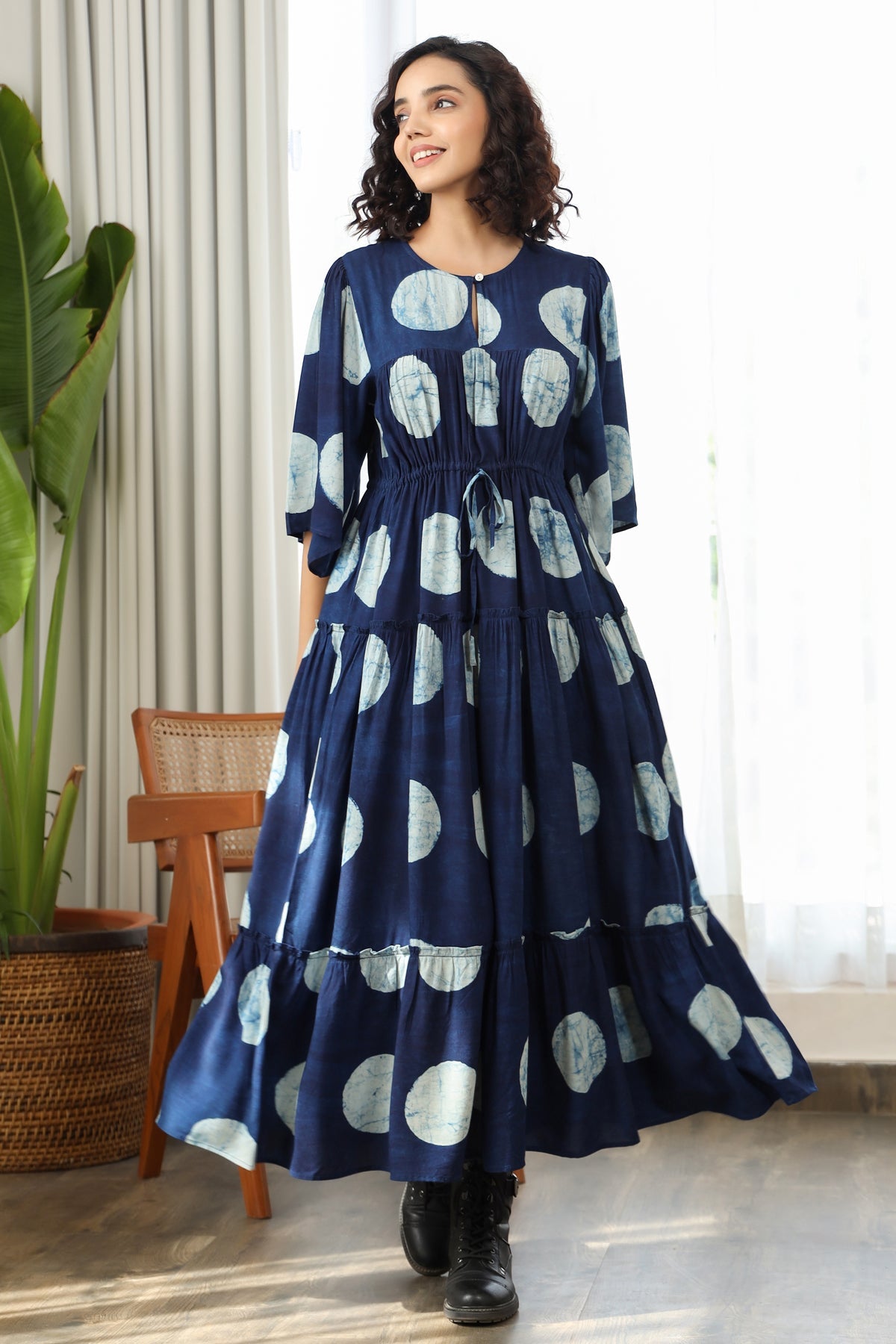 Tiered Long Dress- Indigo Polka