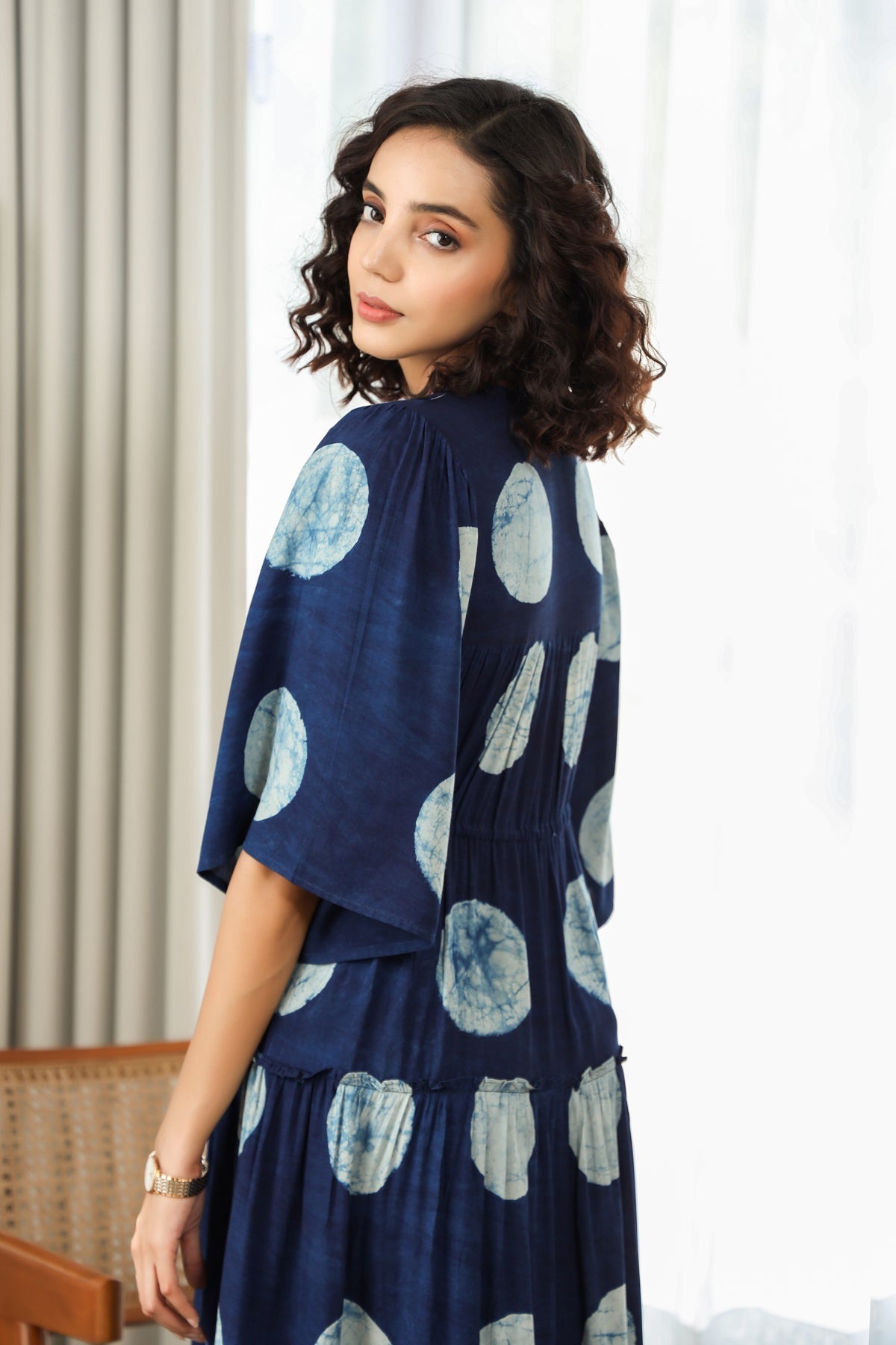 Tiered Long Dress- Indigo Polka