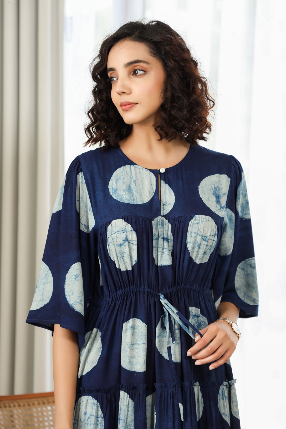 Tiered Long Dress- Indigo Polka