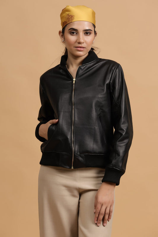 Classic Bomber Leather Jacket- Black - October Jaipur