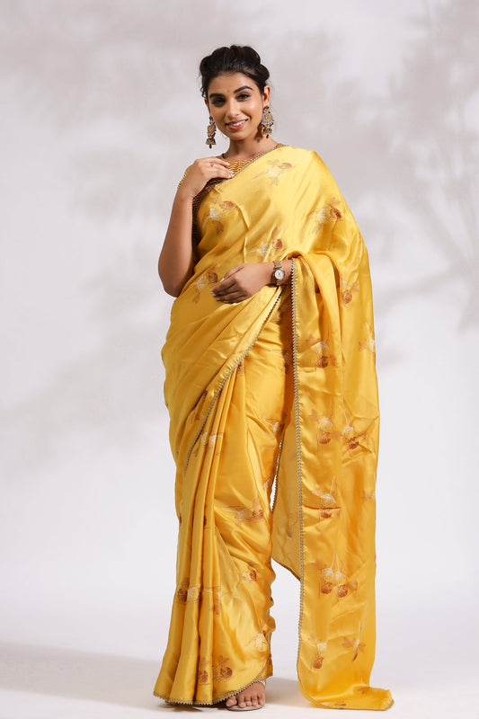 Mustard Bouquet-Silk Satin Saree - October Jaipur